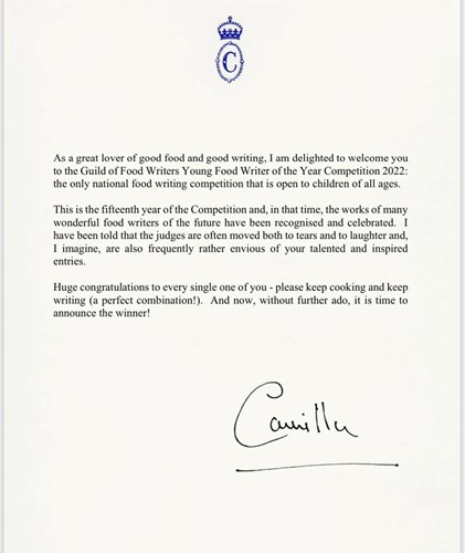 Duchess of Cornwall Message to the Guild of Food Writers Awards